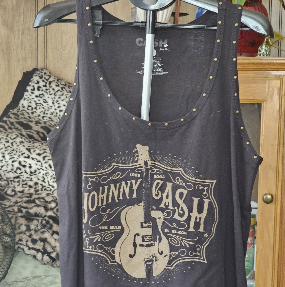 Black Graphic Tank with Gold Print, Johnny Cash